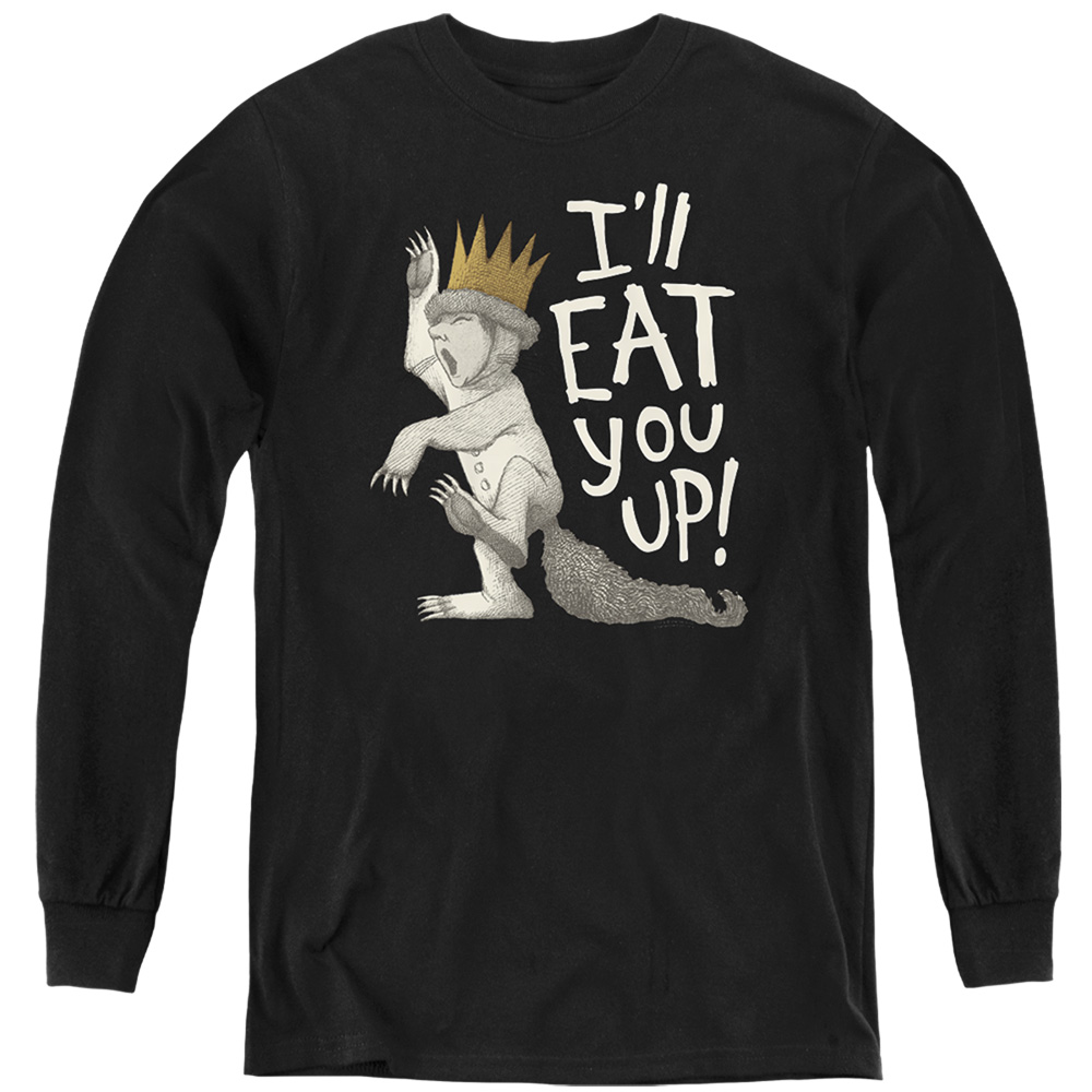 WBM1087-YL-4 Where The Wild Things Are Eat You Up Long Sleeve Youth T-Shirt, Black - Extra Large
