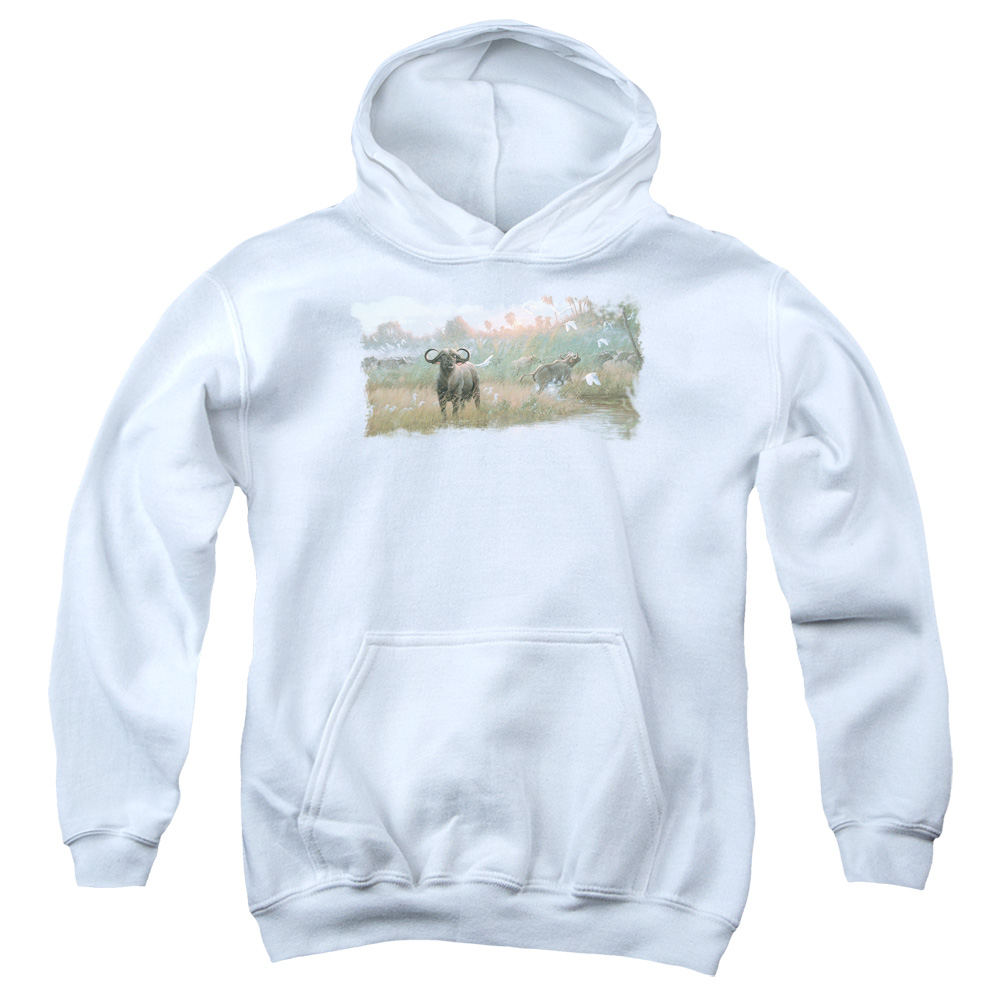 WW332-YFTH-2 Wildlife Cape Buffalo Youth Hooded Sweatshirt, White - Medium