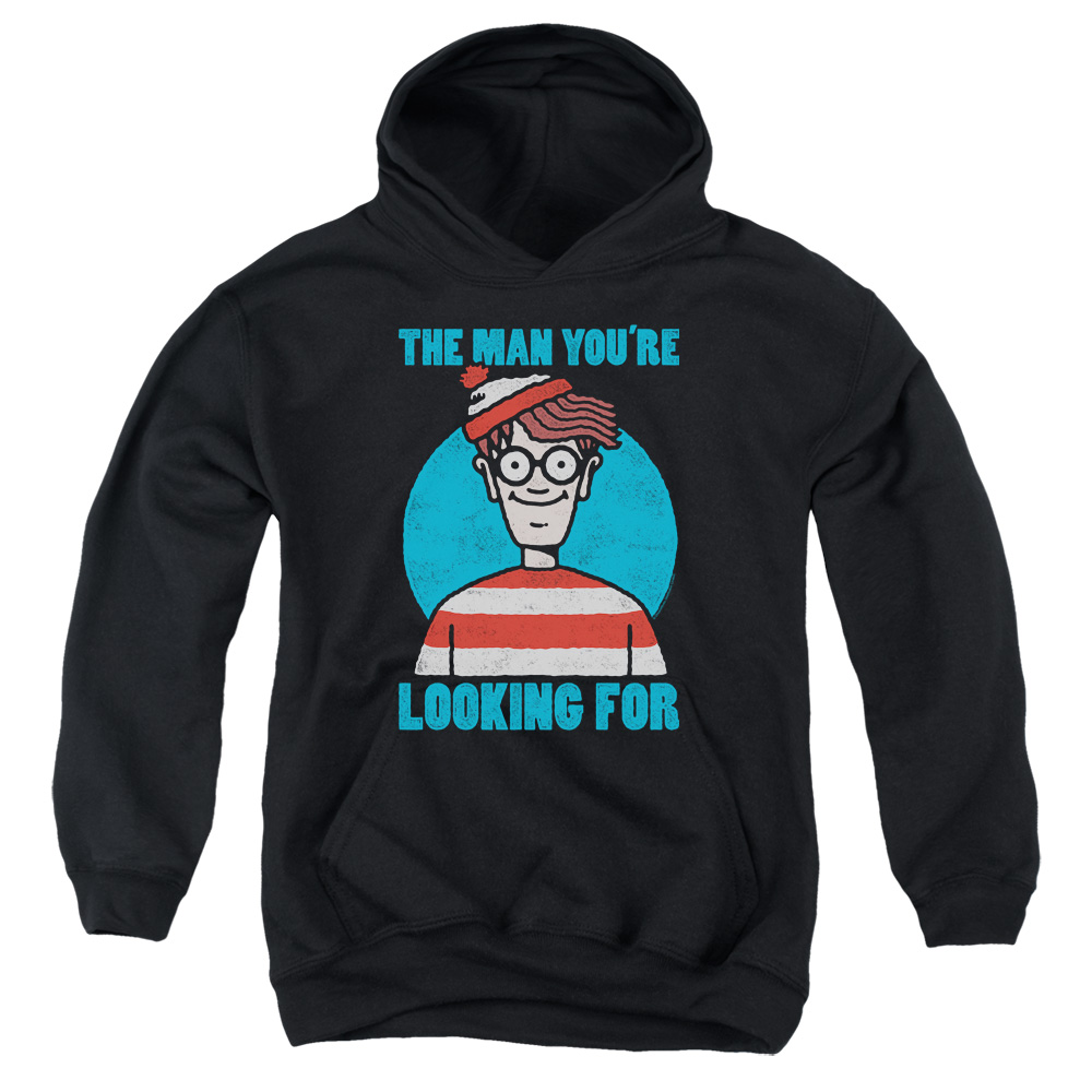 DRM356-YFTH-2 Wheres Waldo Looking for Me Youth Hooded Sweatshirt, Black - Medium