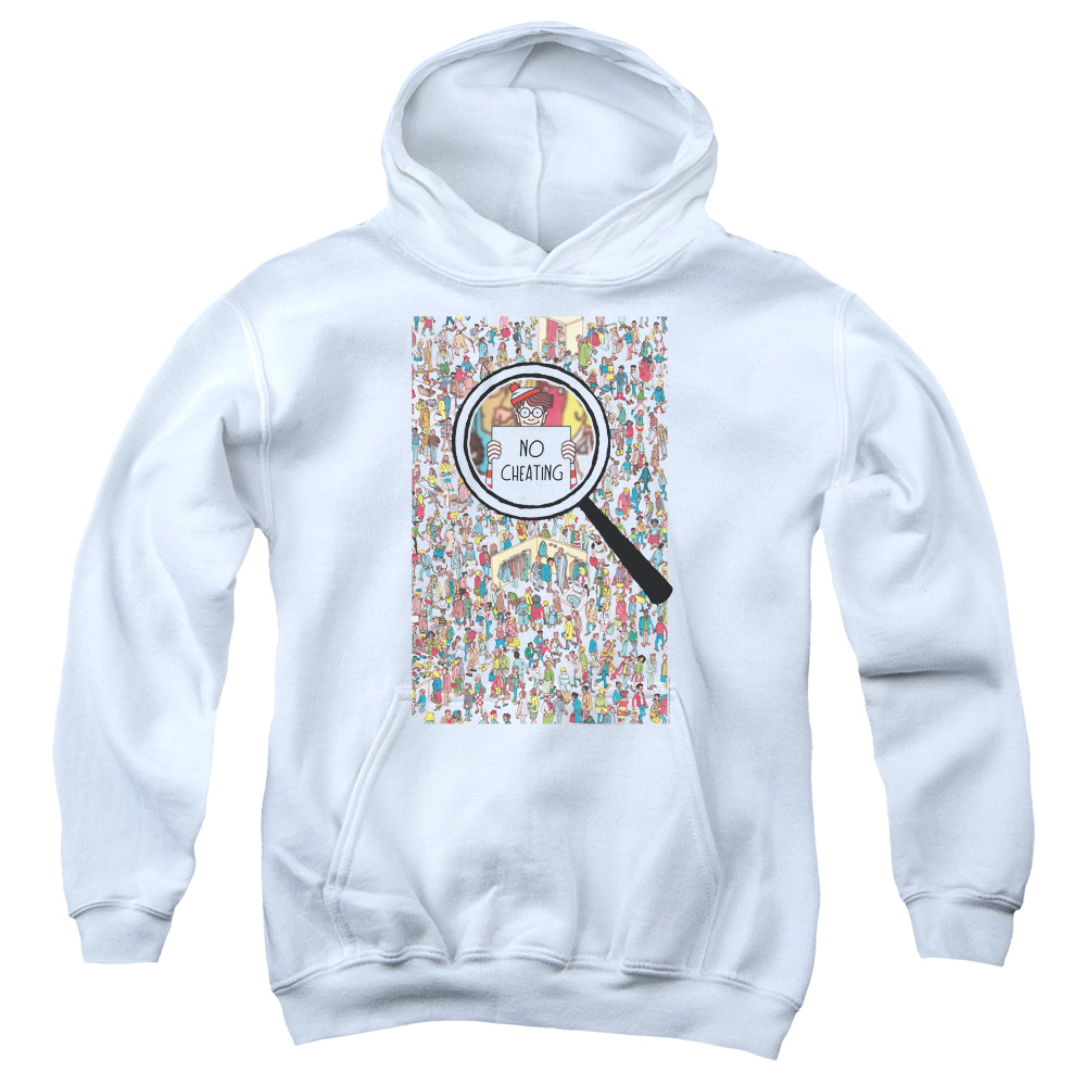 DRM351-YFTH-1 Wheres Waldo No Cheating Youth Hooded Sweatshirt, White - Small