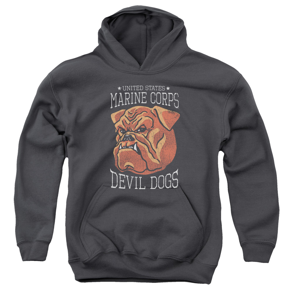 USMC101-YFTH-4 US Marine Corps Devil Dogs Youth Hooded Sweatshirt, Charcoal - Extra Large