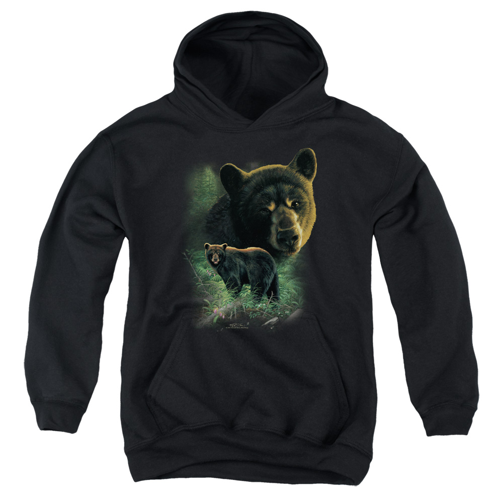 WW343-YFTH-2 Wildlife Black Bears Youth Hooded Sweatshirt, Black - Medium