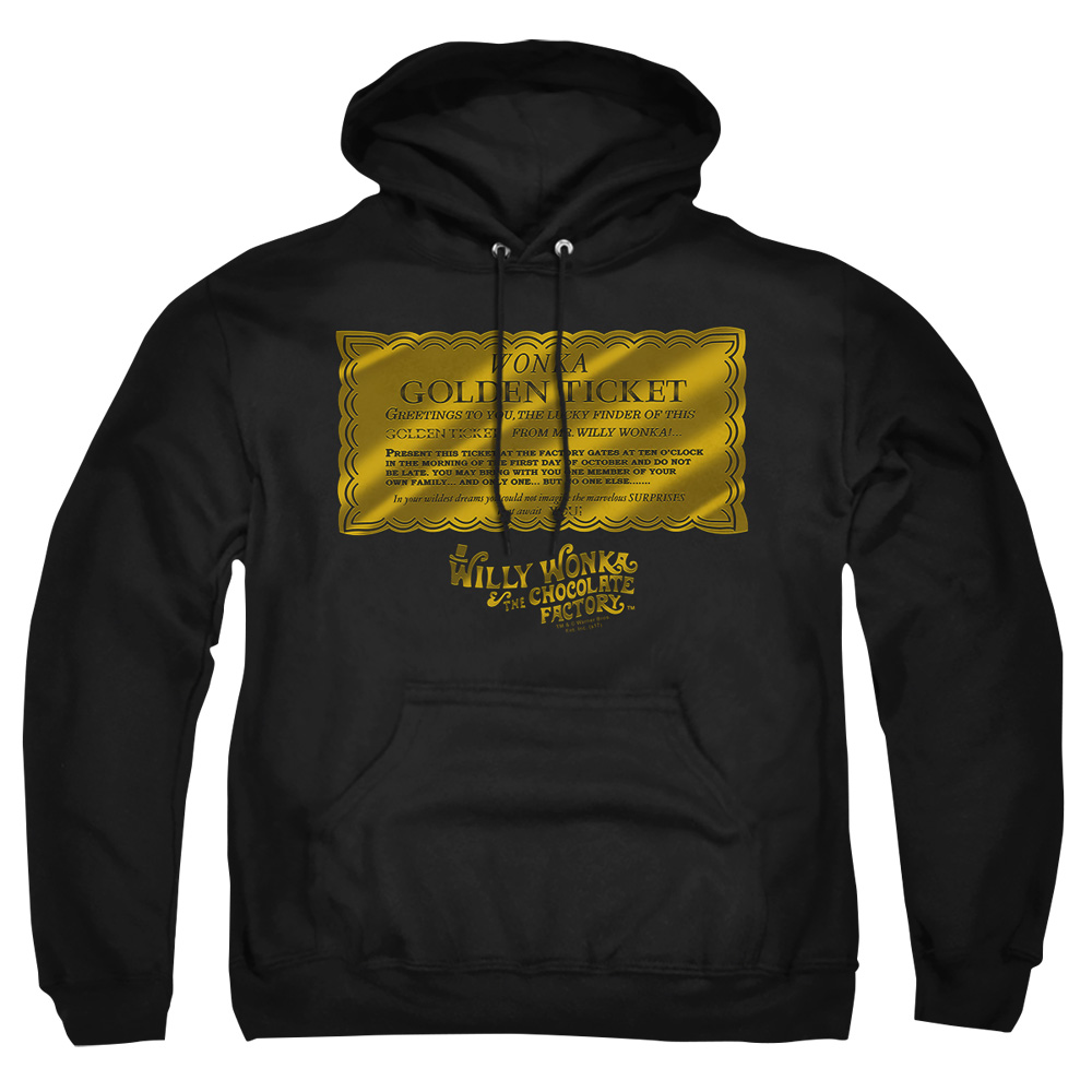 WBM586-AFTH-6 Willy Wonka & The Chocolate Factory Golden Ticket Adult Pullover Hoodie, Black - 3X