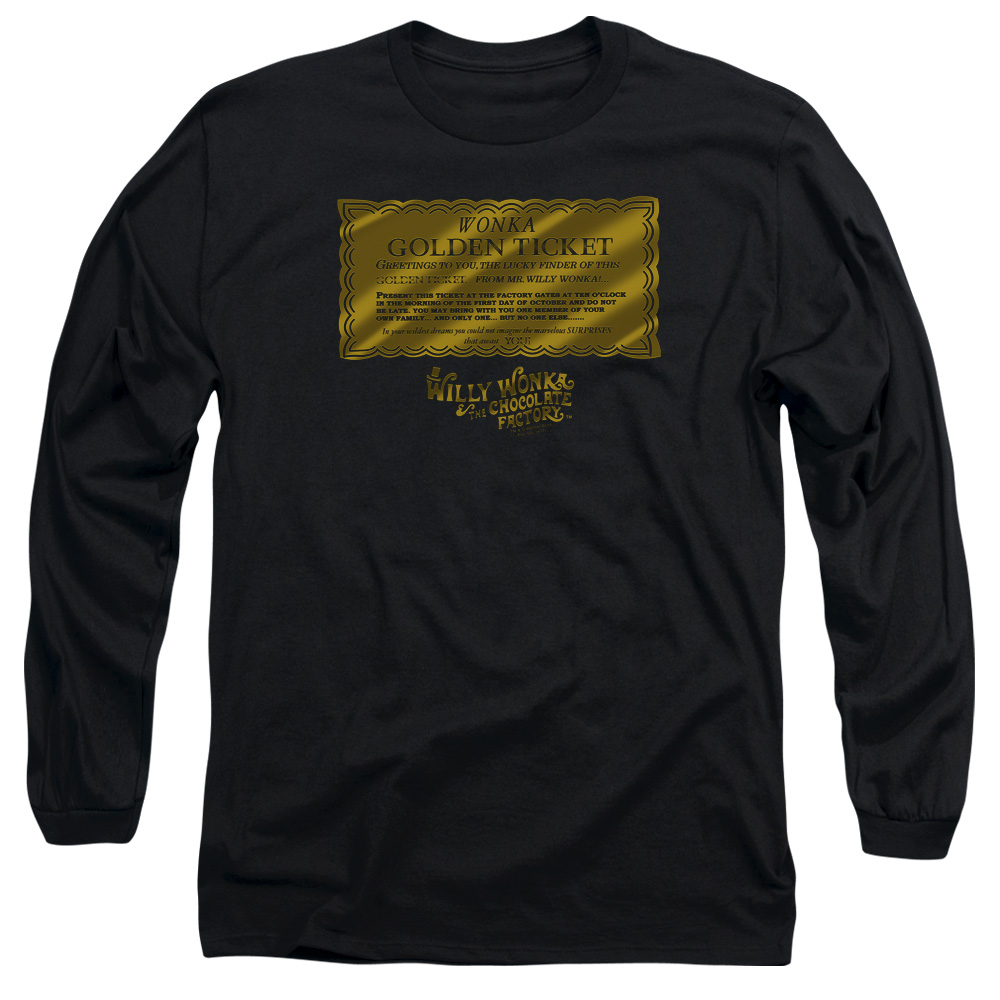 WBM586-AL-5 Willy Wonka & The Chocolate Factory Golden Ticket Adult Long Sleeve T-Shirt, Black - 2X