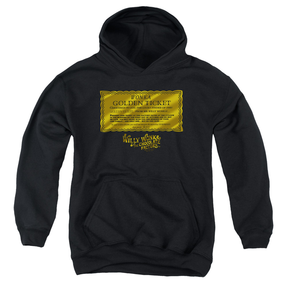 WBM586-YFTH-3 Willy Wonka & The Chocolate Factory Golden Ticket Youth Hooded Sweatshirt, Black - Large