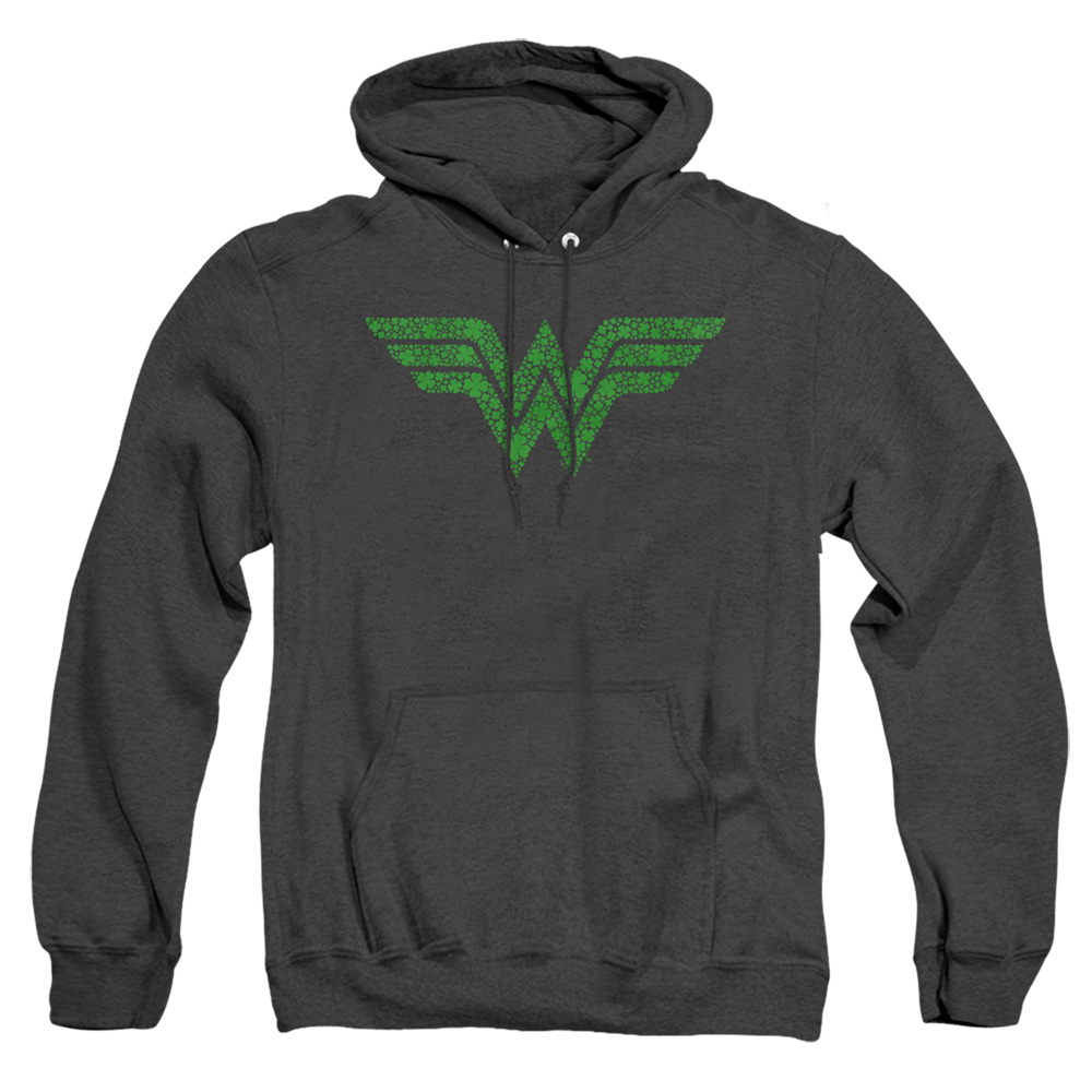 JLA10094SPD-AHH-3 Wonder Woman St. Patricks Day Shamrock Logo Adult Heather Hoodie, Black - Large