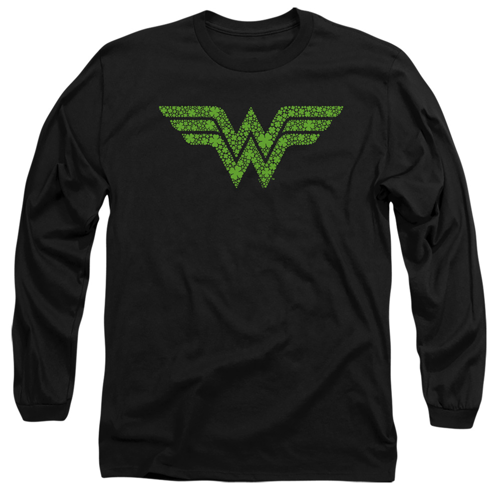 JLA10094SPD-AL-3 Wonder Woman St. Patricks Day Shamrock Logo Adult Long Sleeve T-Shirt, Black - Large