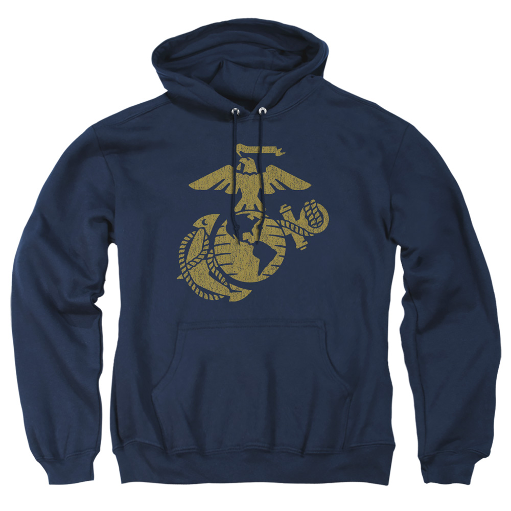 USMC111B-AFTH-4 US Marine Corps Gold Emblem Adult Pullover Hoodie, Navy - Extra Large