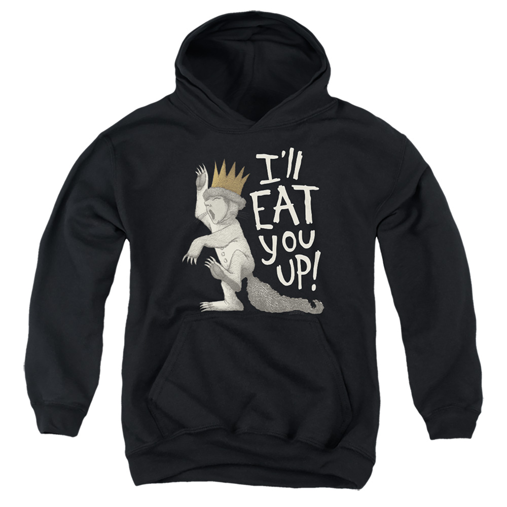 WBM1087-YFTH-4 Where The Wild Things Are Eat You Up Youth Hooded Sweatshirt, Black - Extra Large