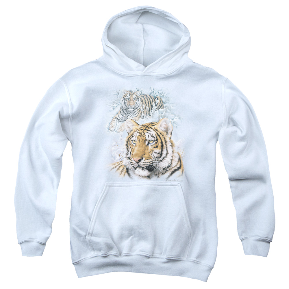 WW335-YFTH-2 Wildlife Tigers Youth Hooded Sweatshirt, White - Medium