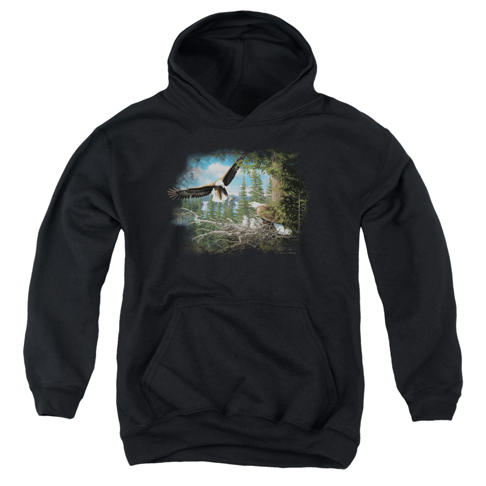 WW114-YFTH-2 Wildlife Spring Bald Eagles Youth Hooded Sweatshirt, Black - Medium