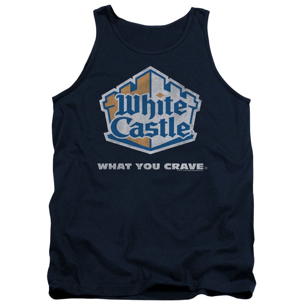 WHT100-TK-2 White Castle Distressed Logo Adult Tank Top, Navy - Medium