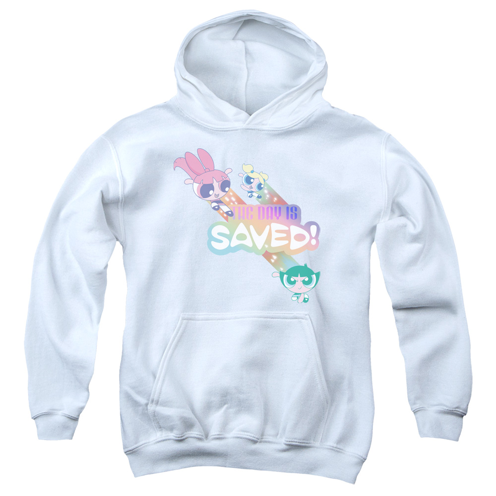 CN713-YFTH-3 Powerpuff Girls The Day Is Saved Youth Hooded Sweatshirt, White - Large