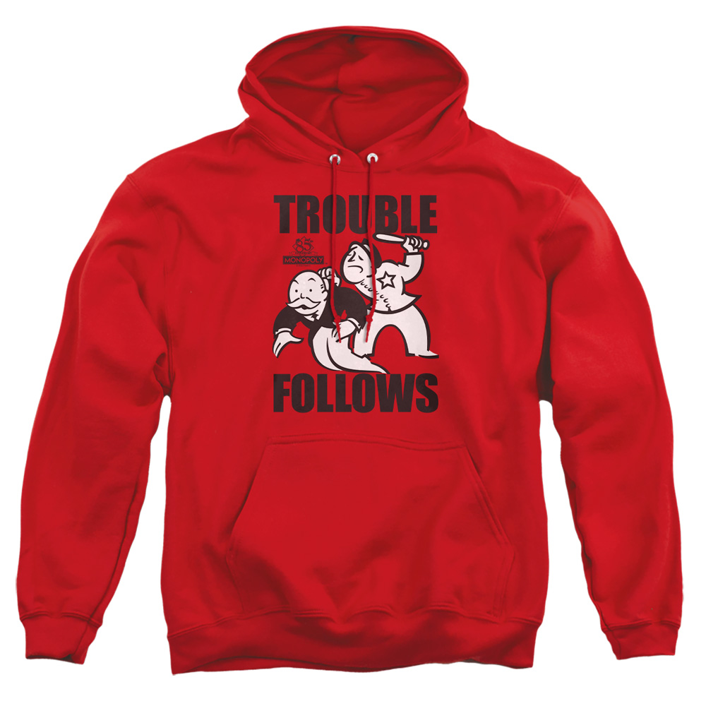 HBRO389-AFTH-2 Monopoly Trouble Follows Adult Pullover Hoodie, Red - Medium