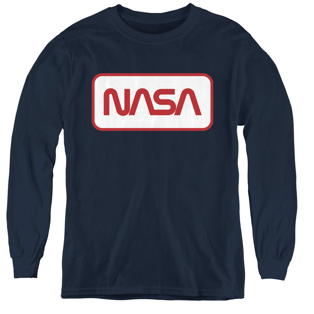 NASA110-YL-4 NASA Rectangular Worm Logo Long Sleeve Youth T-Shirt, Navy - Extra Large