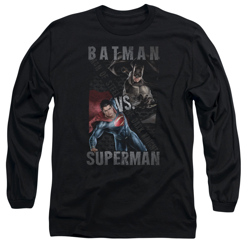 BVS122-AL-2 Batman vs Superman Hero Split Adult Long Sleeve T-Shirt, Black - Medium