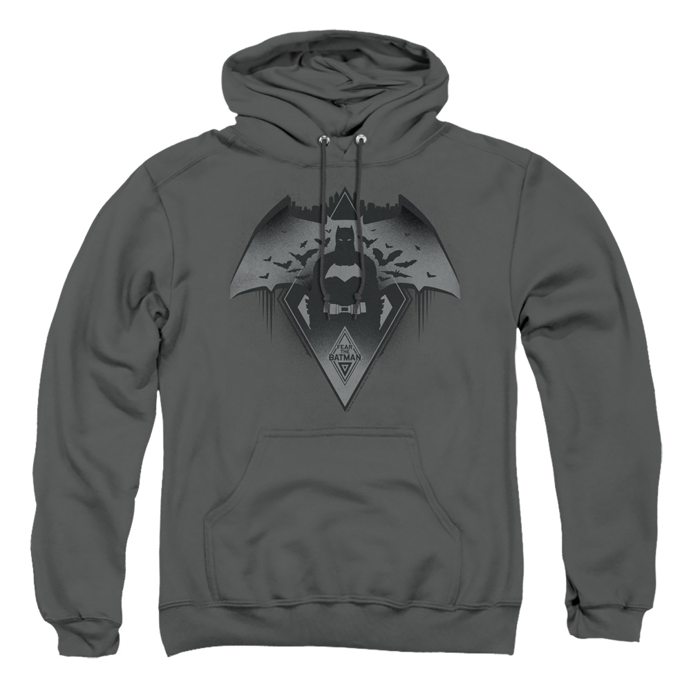BVS193-AFTH-4 Batman vs Superman Fear Adult Pullover Hoodie, Charcoal - Extra Large