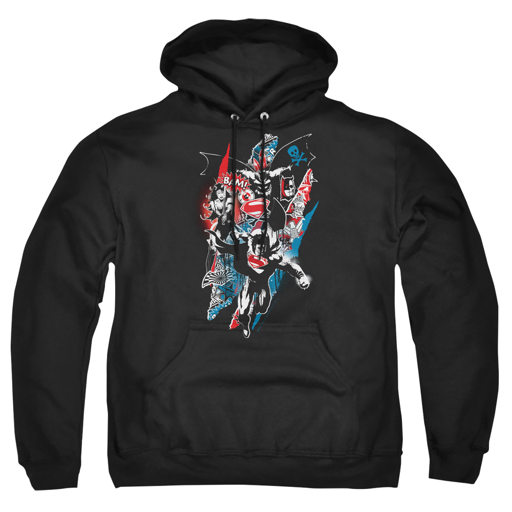 BVS199-AFTH-4 Batman vs Superman Ripped Trio 2 Adult Pullover Hoodie, Black - Extra Large