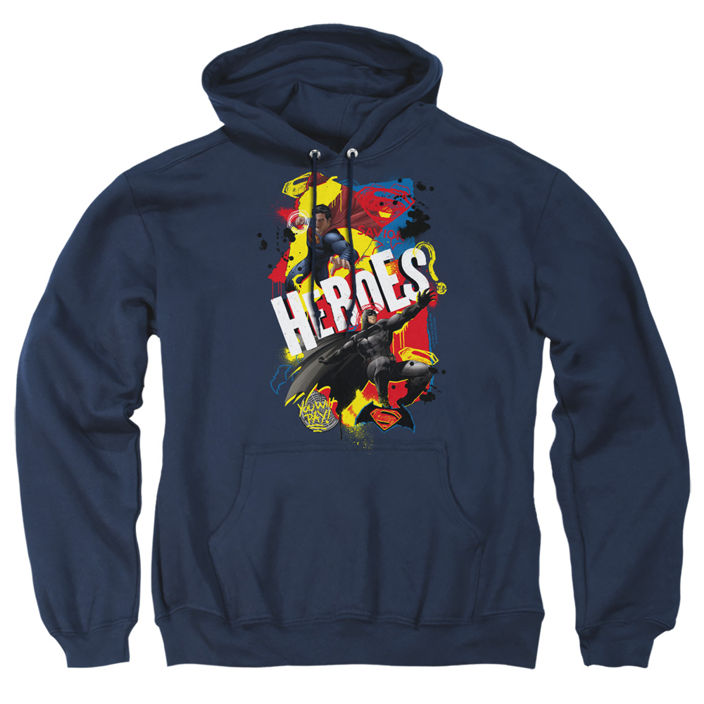 BVS202-AFTH-4 Batman vs Superman Double Hero Adult Pullover Hoodie, Navy - Extra Large