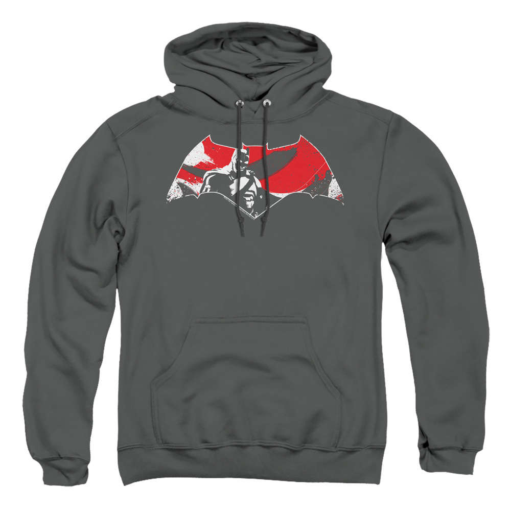 BVS112-AFTH-1 Batman vs Superman Armor Splatter Logo Adult Pullover Hoodie, Charcoal - Small