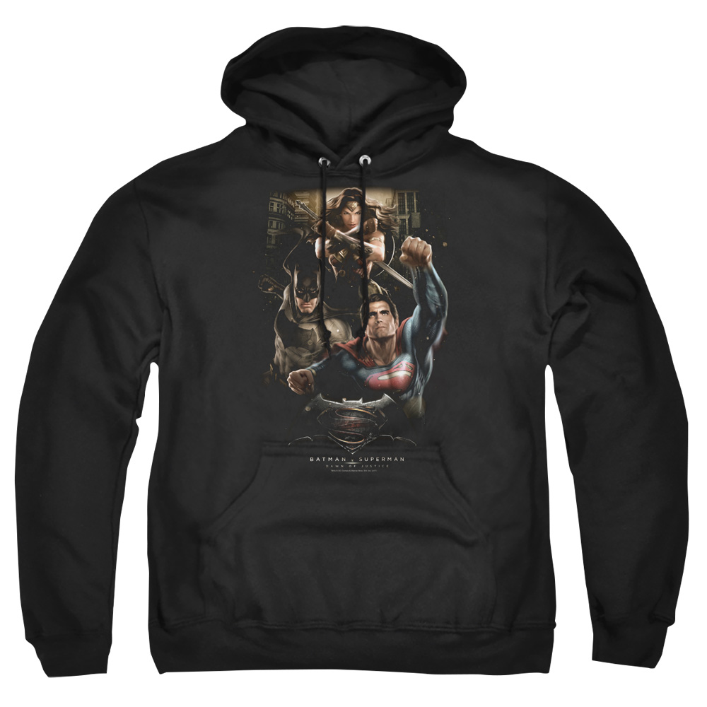 BVS172-AFTH-5 Batman vs Superman Three in Action Adult Pullover Hoodie, Black - 2X
