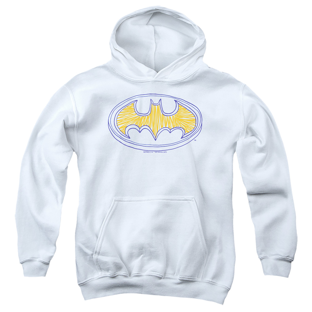 BM3144-YFTH-2 Batman Squiggly Symbol Youth Hooded Sweatshirt, White - Medium