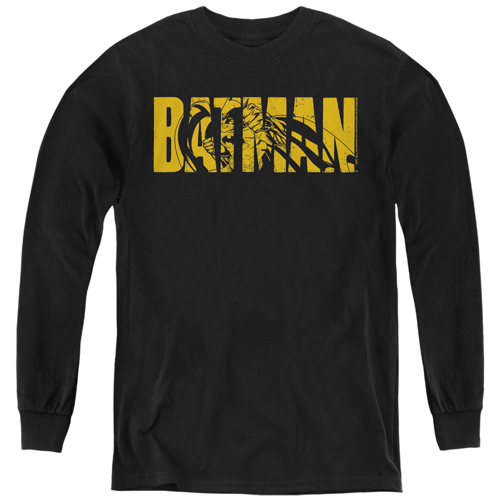BM3443-YL-2 Batman Text On Black Long Sleeve Youth T-Shirt, Black - Medium