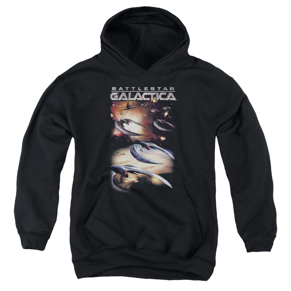 BSG252-YFTH-3 Battlestar Galactica When Cylons Attack Youth Hooded Sweatshirt, Black - Large