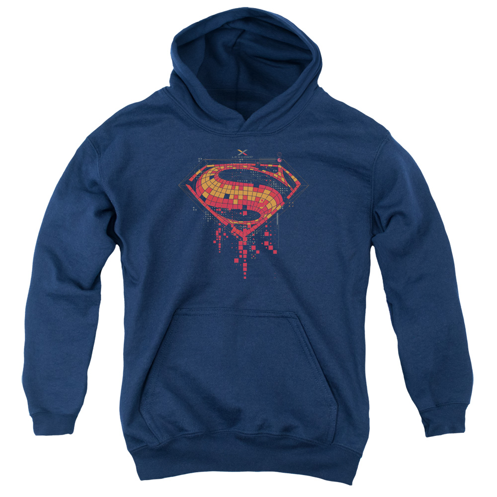 BVS116-YFTH-4 Batman vs Superman Tech Super Logo Youth Hooded Sweatshirt, Navy - Extra Large