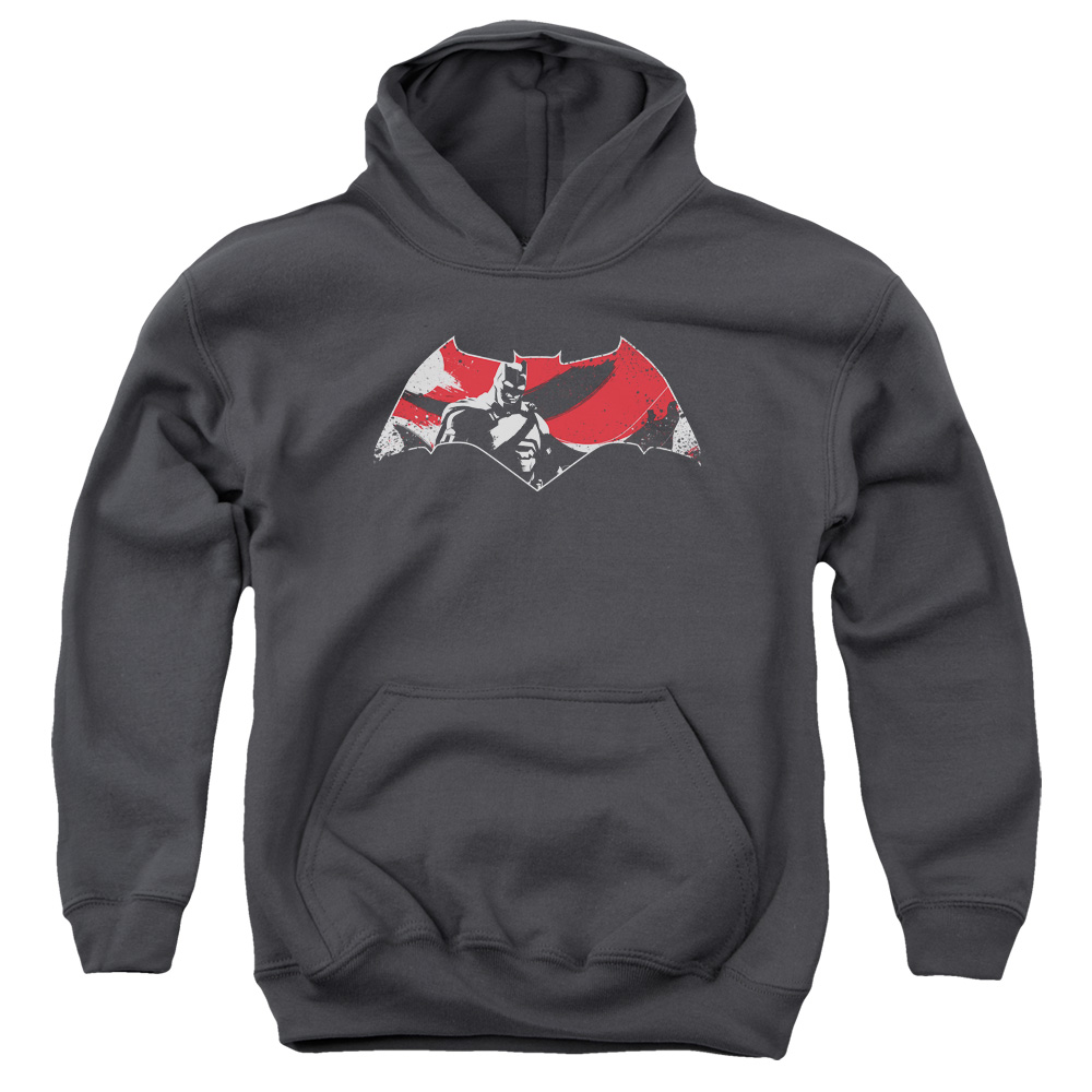 BVS112-YFTH-4 Batman vs Superman Armor Splatter Logo Youth Hooded Sweatshirt, Charcoal - Extra Large