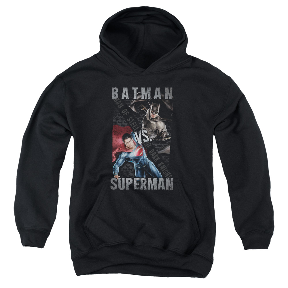 BVS122-YFTH-1 Batman vs Superman Hero Split Youth Hooded Sweatshirt, Black - Small