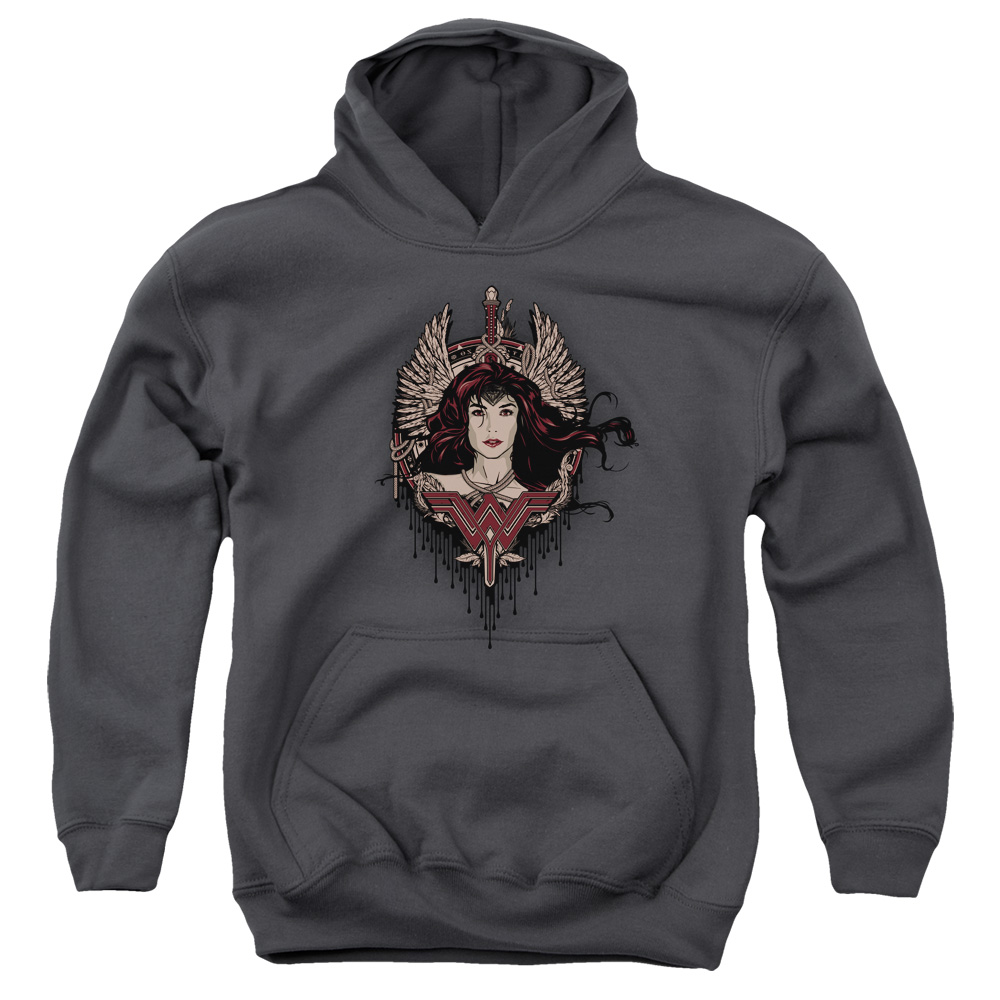 BVS130-YFTH-2 Batman vs Superman Winged Goddess Youth Hooded Sweatshirt, Charcoal - Medium