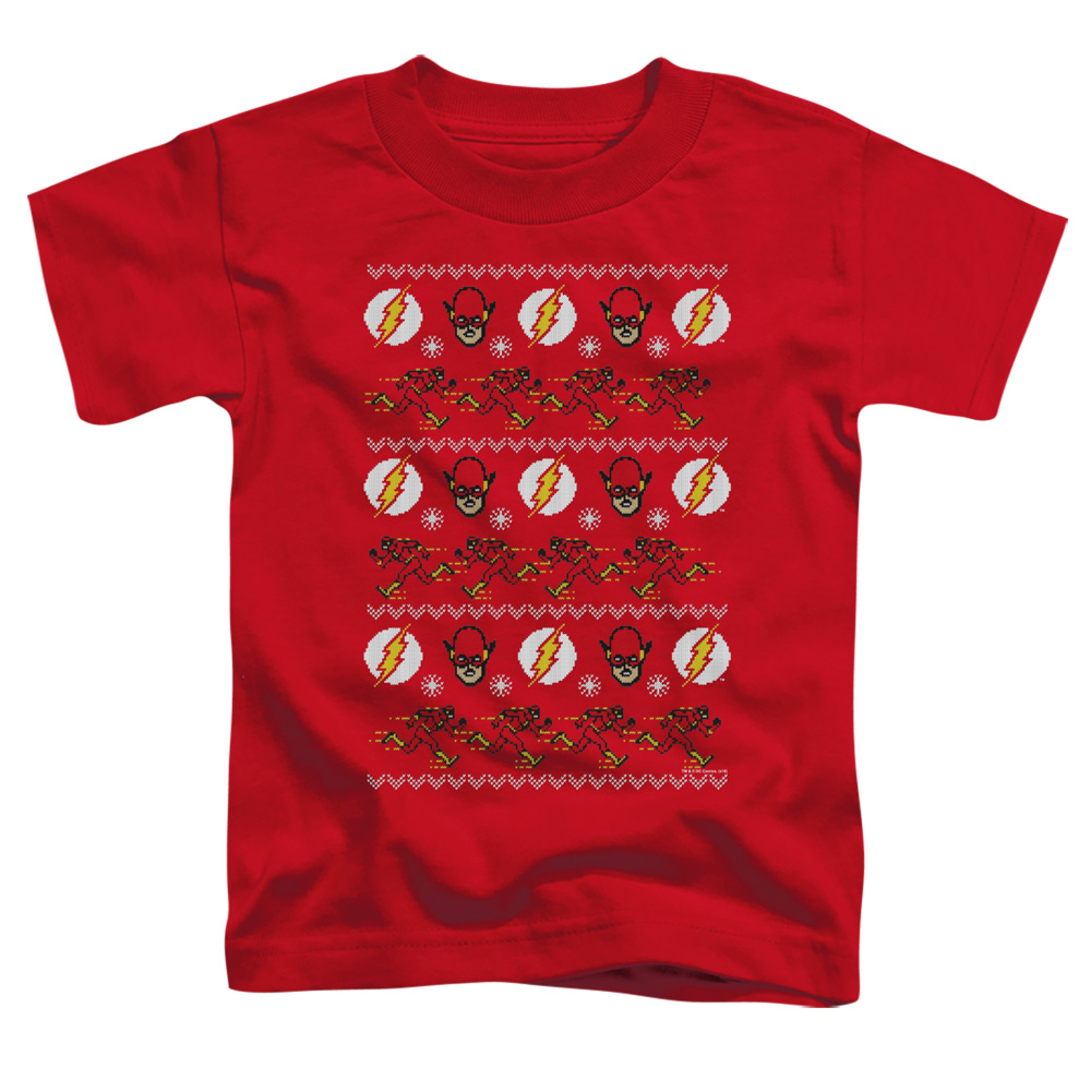 JLA770-KT-1 DC Flash The Flash Ugly Christmas Sweater Toddler Short Sleeve T-Shirt, Red - Large 4T