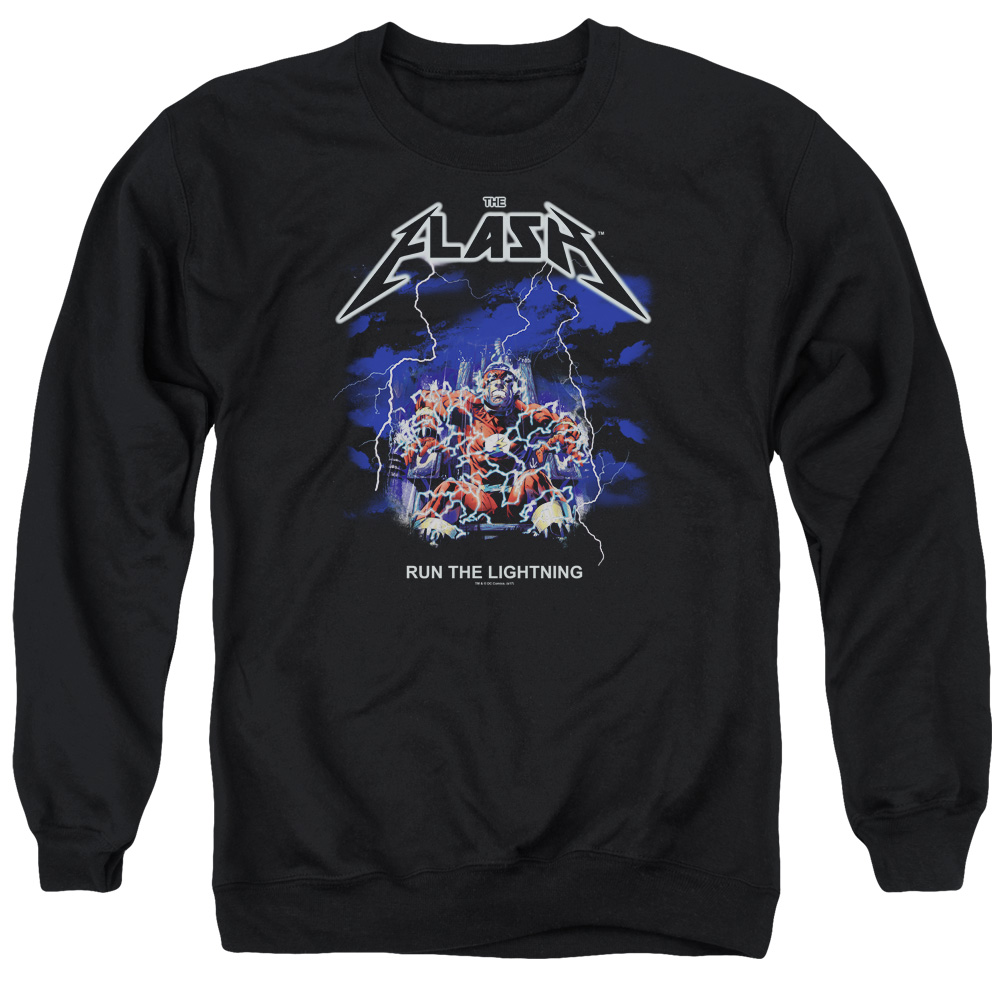 JLA797-AS-2 DC Flash Run The Lightning Adult Crewneck Sweatshirt, Black - Medium