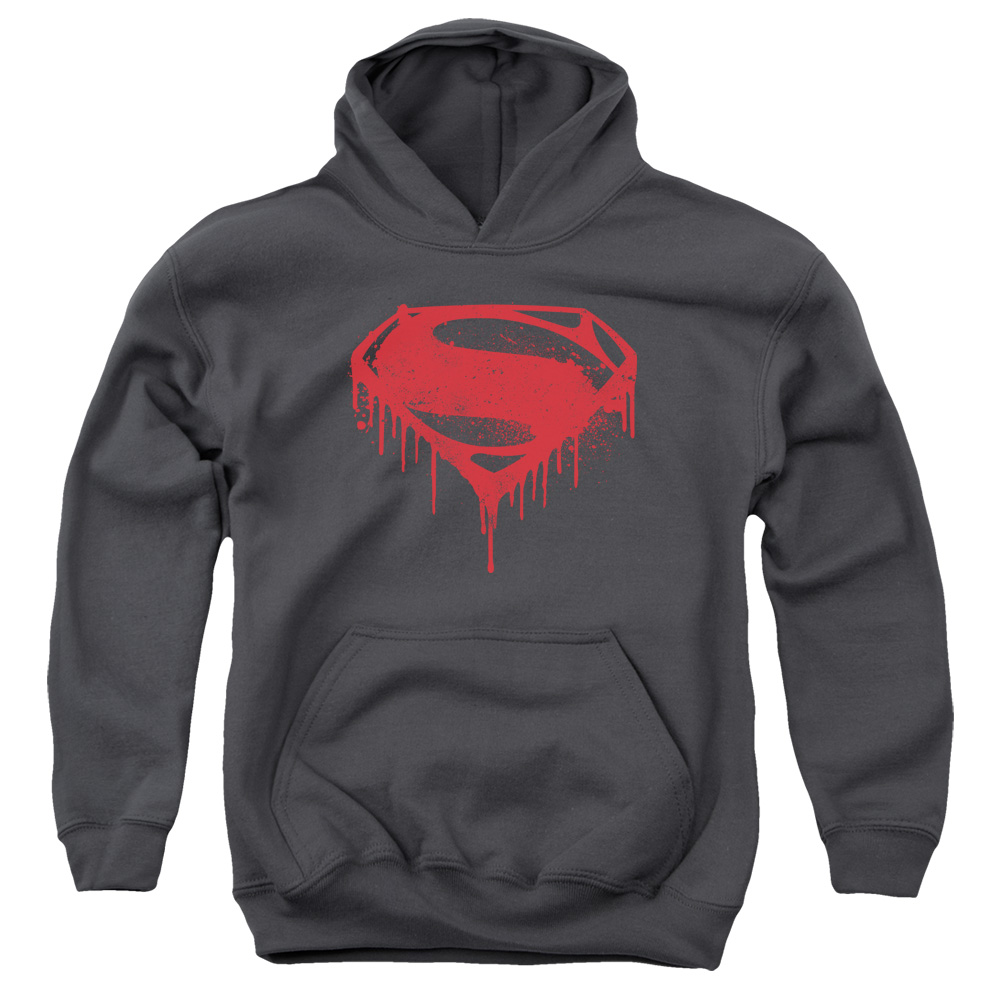 BVS120-YFTH-4 Batman vs Superman Splattered Youth Hooded Sweatshirt, Charcoal - Extra Large