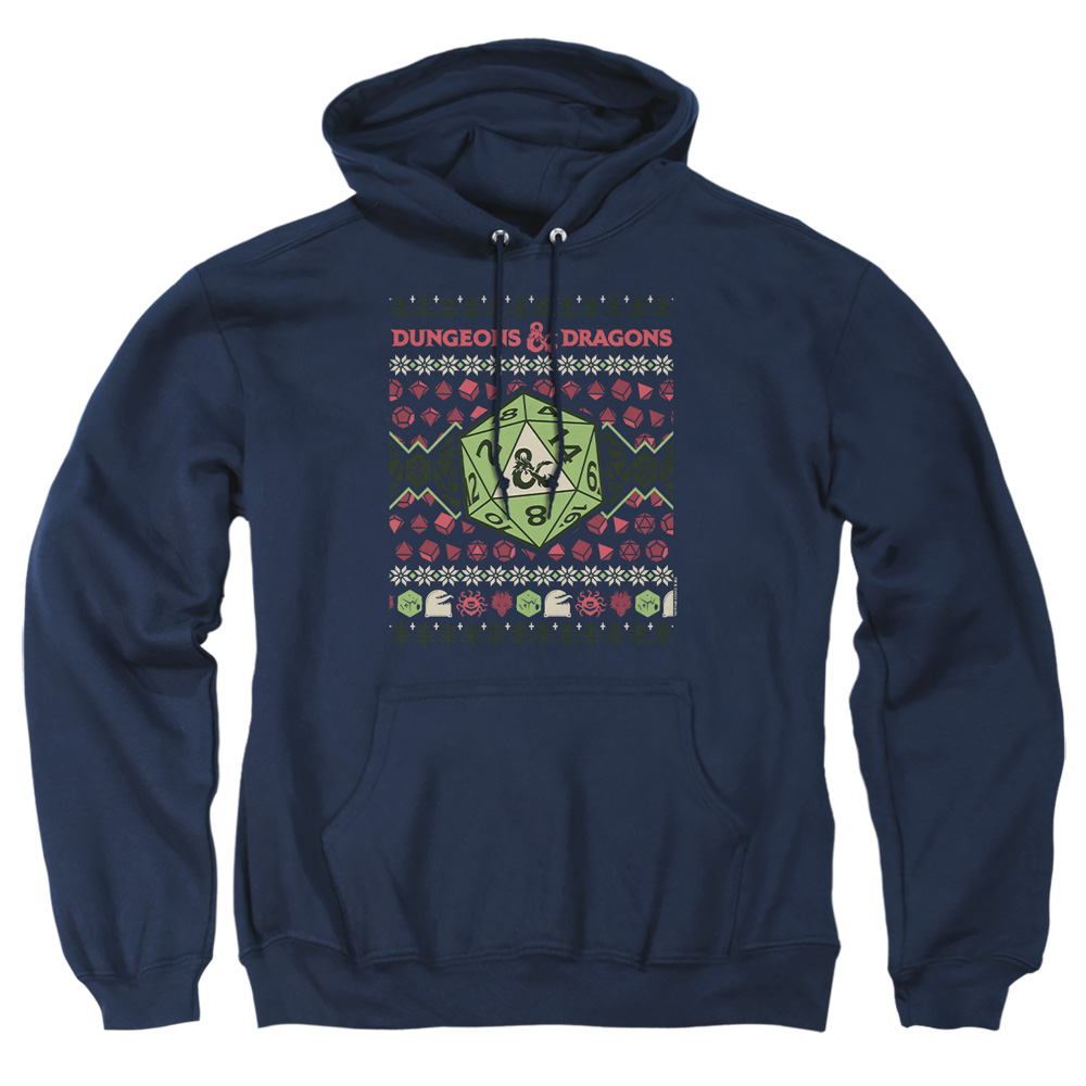 HBRO10385-AFTH-2 Dungeons & Dragons 20-Sided Dice Ugly Christmas Adult Pullover Hoodie, Navy - Medium