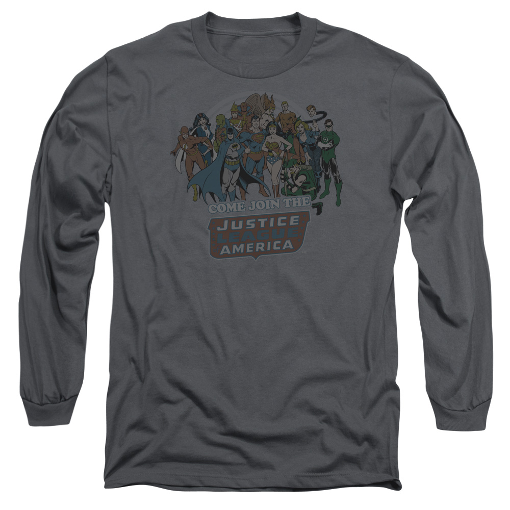 DCO136-AL-6 DC Join The Justice League Adult Long Sleeve T-Shirt, Charcoal - 3X