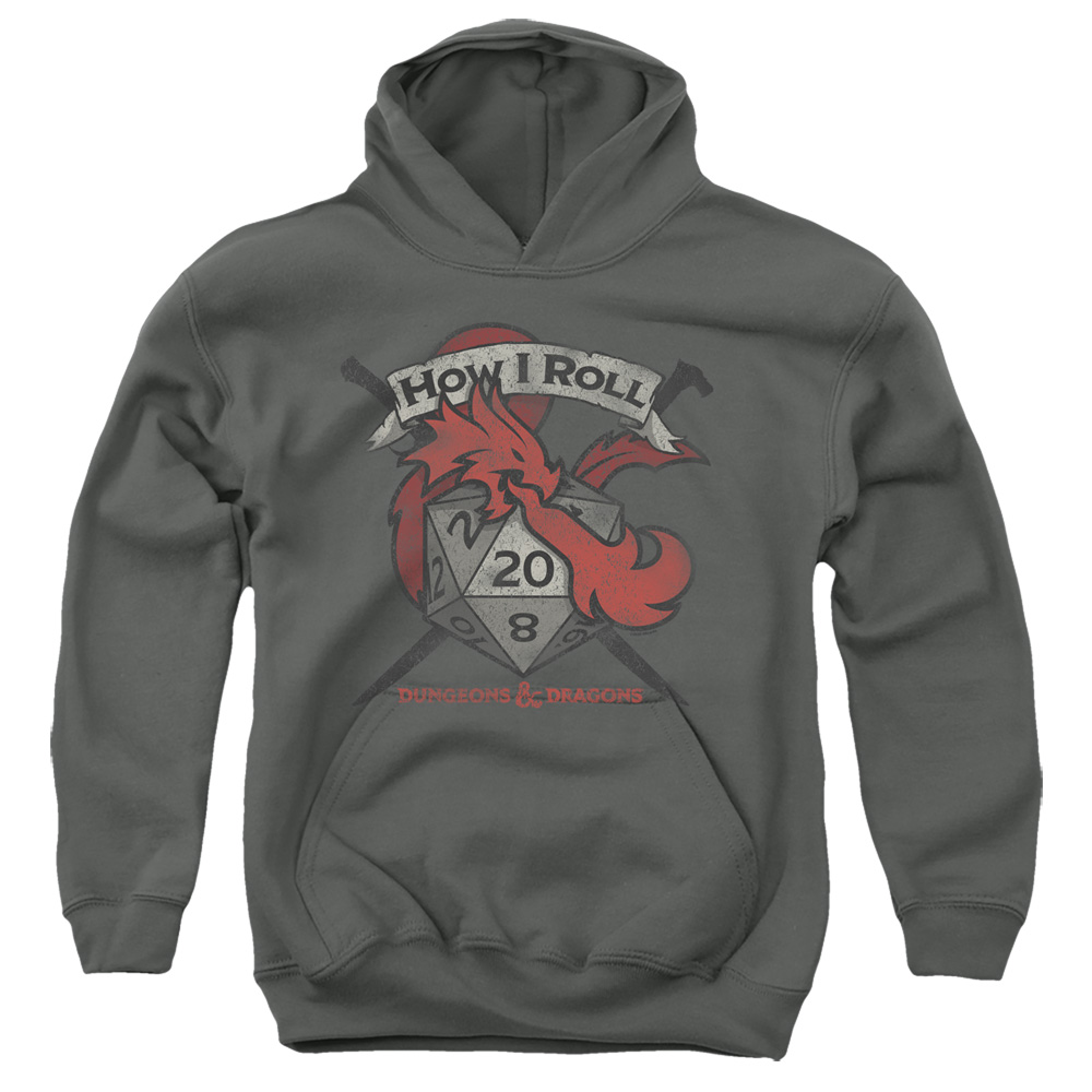 HBRO687-YFTH-2 Dungeons & Dragons How I Roll D & D Youth Hooded Sweatshirt, Charcoal - Medium