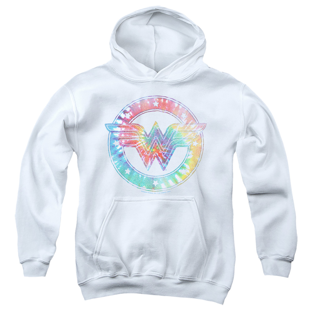 JLA1234-YFTH-1 DC Wonder Woman Tie Dye Wonder Woman Youth Hooded Sweatshirt, White - Small