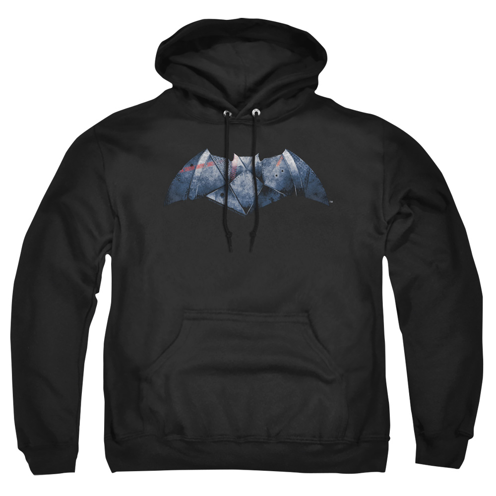 BVS110-AFTH-5 Batman vs Superman Plated Bat Logo Adult Pullover Hoodie, Black - 2X