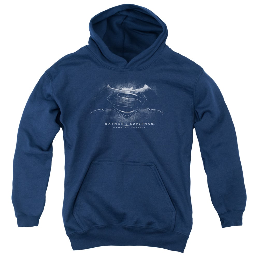 BVS104D-YFTH-2 Batman vs Superman BW Logo Youth Hooded Sweatshirt, Navy - Medium