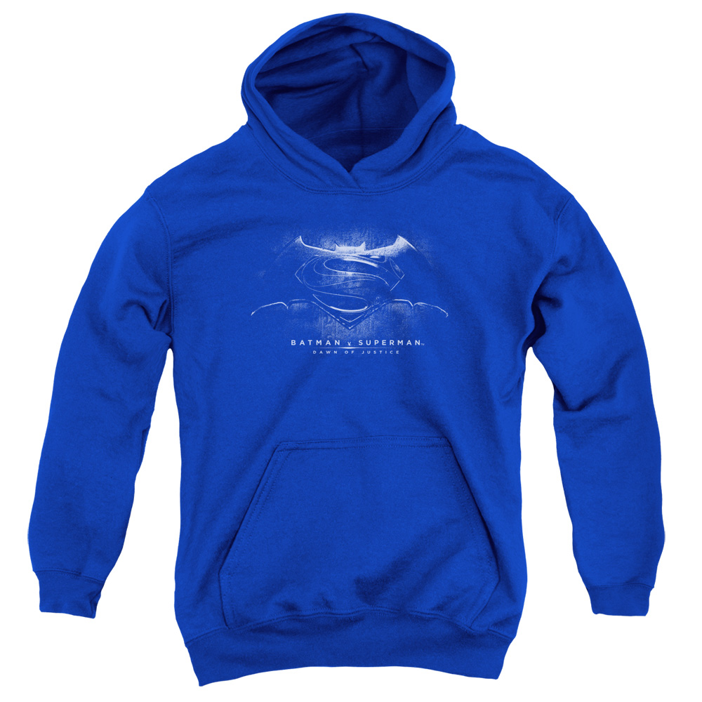 BVS104E-YFTH-2 Batman vs Superman BW Logo Youth Hooded Sweatshirt, Royal - Medium