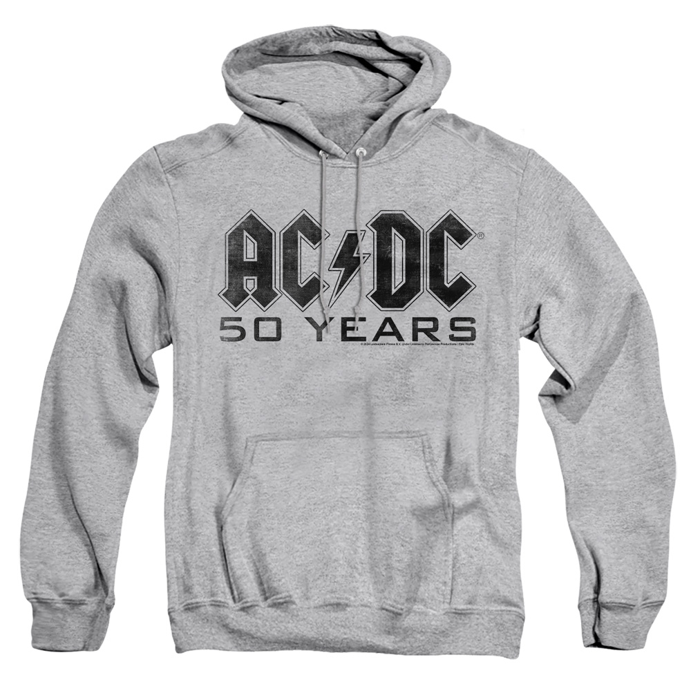 ACDC376-AFTH-4 ACDC 50 Years Logo Black Adult Pullover Hoodie, Athletic Heather - Extra Large