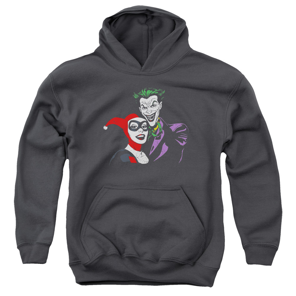 BM2602B-YFTH-2 Batman Joker & Harley Youth Hooded Sweatshirt, Charcoal - Medium