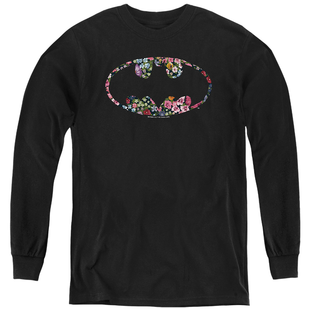 BM3139-YL-4 Batman Floral Logo Long Sleeve Youth T-Shirt, Black - Extra Large