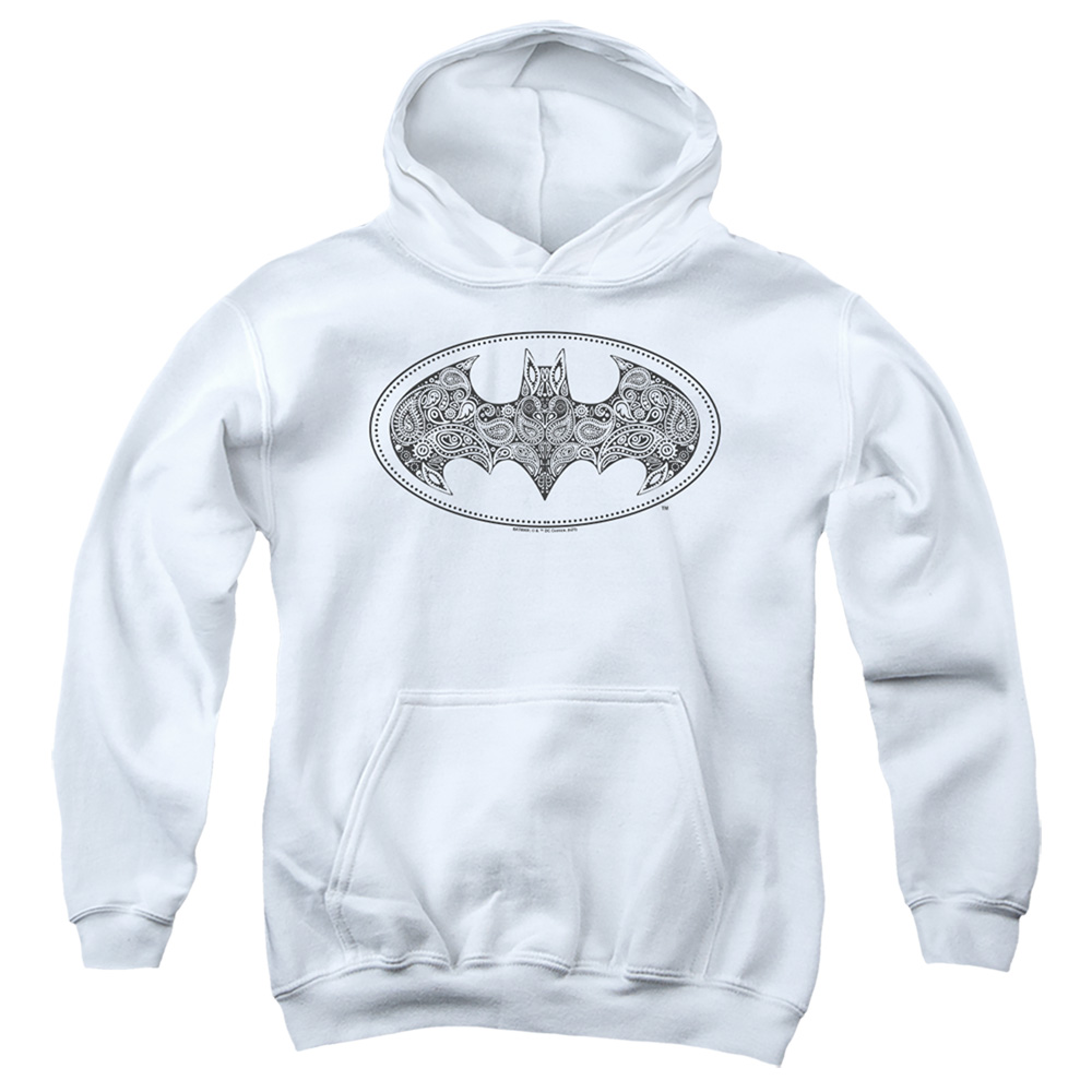 BM3146-YFTH-2 Batman Paisley Logo Youth Hooded Sweatshirt, White - Medium
