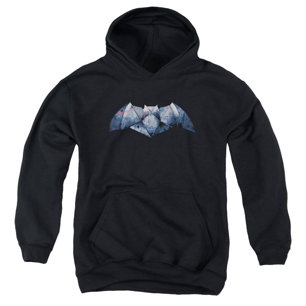 BVS110-YFTH-4 Batman vs Superman Plated Bat Logo Youth Hooded Sweatshirt, Black - Extra Large