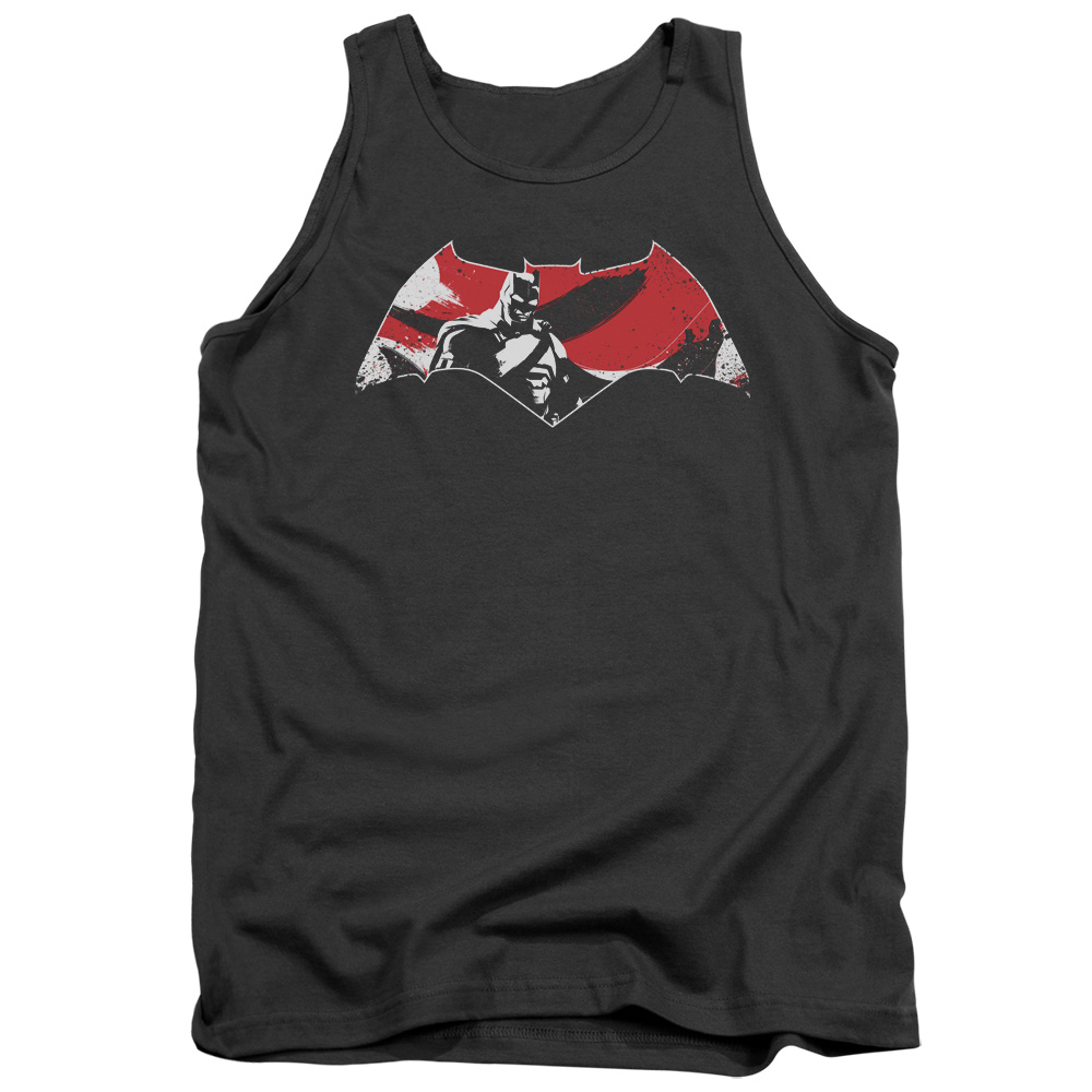 BVS112-TK-4 Batman vs Superman Armor Splatter Logo Adult Tank Top, Charcoal - Extra Large