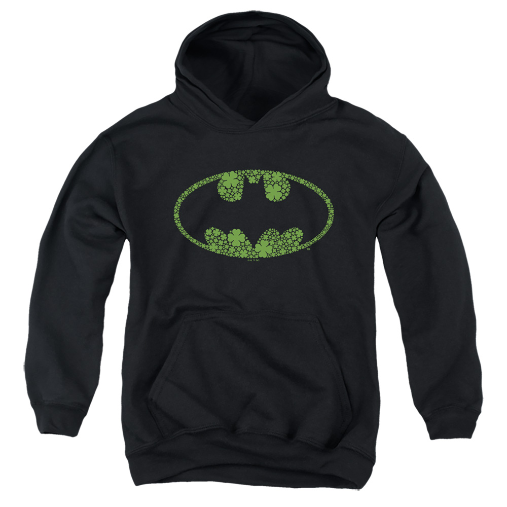 BM10048SPD-YFTH-3 Batman St. Patricks Day Shamrock Logo Youth Hooded Sweatshirt, Black - Large