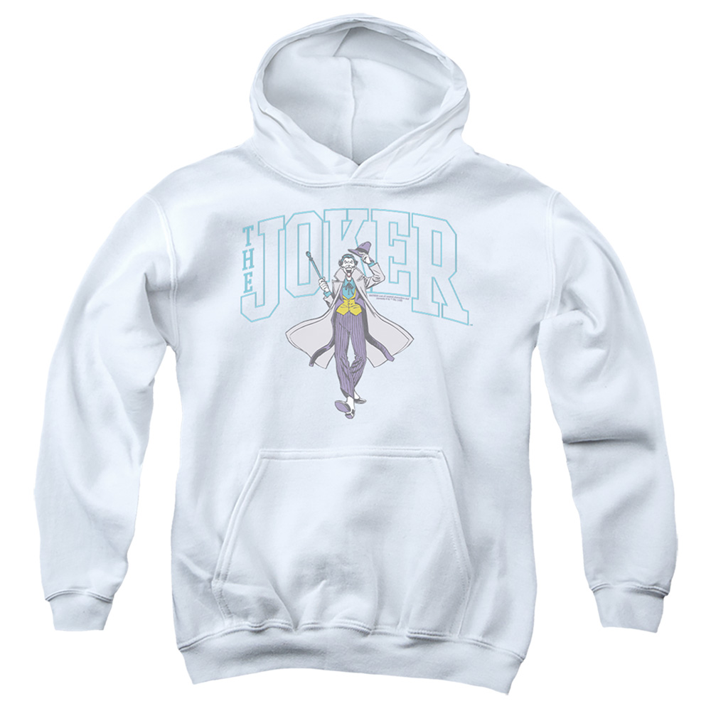 BM3479-YFTH-2 Batman Joker Varsity On White Youth Hooded Sweatshirt, White - Medium
